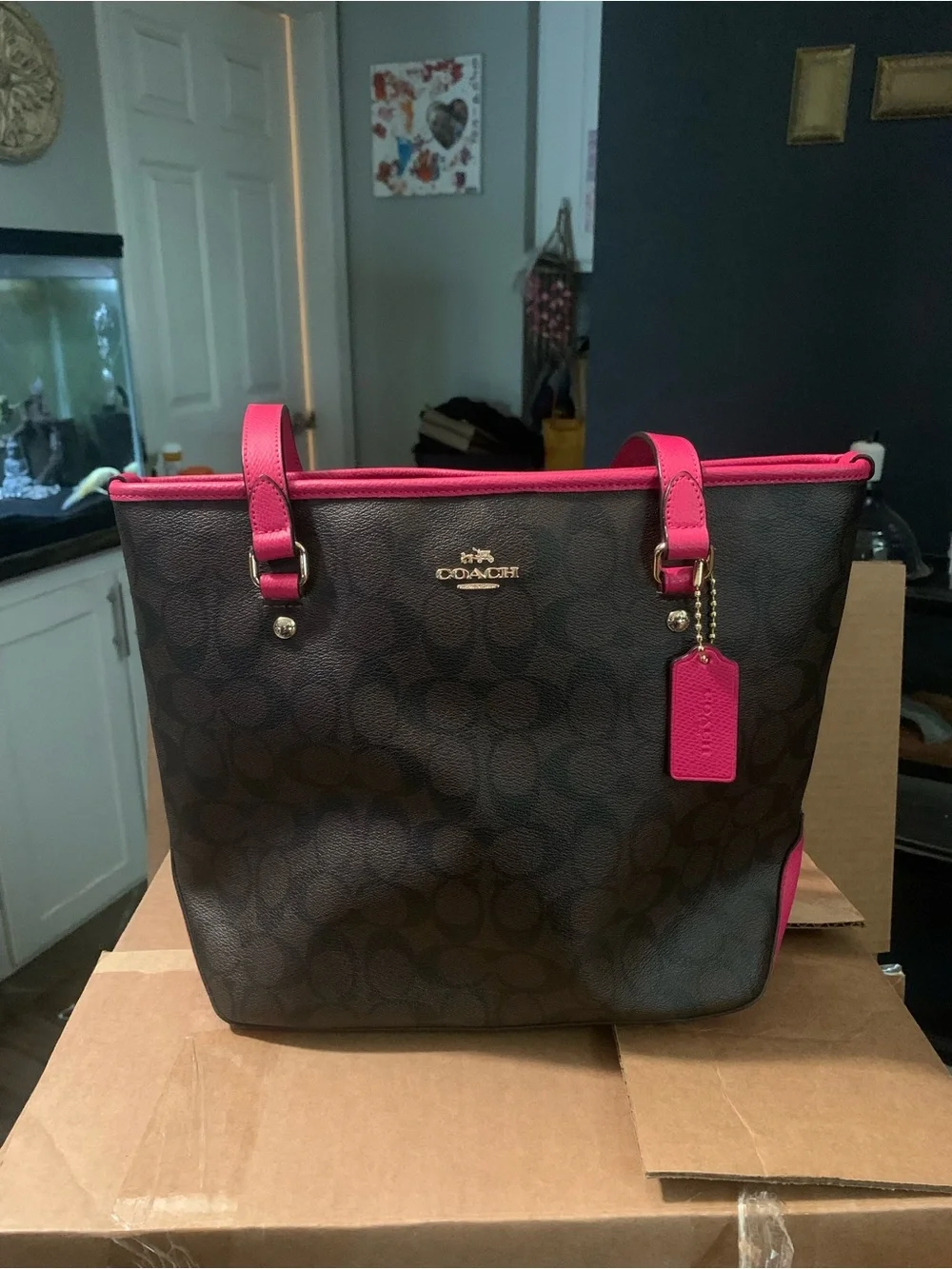Coach Brown Signature Canvas Tote with Hot Pink Trim